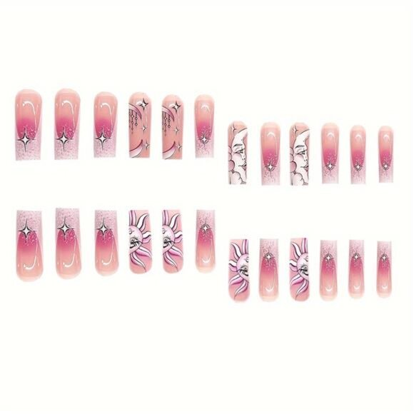 24-Piece Coffin Press On Nails Set Star Moon Sun Design - Picture 2 of 9